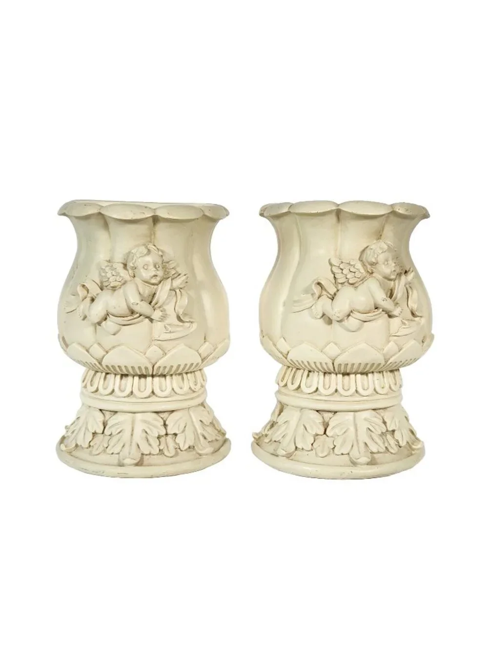 Resin Cherub Half Round Planter Set 2 Angel Semi Circle Vase Bookend Vtg Heavy